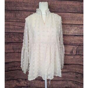 Swiss Dot Sheer Balloon Sleeve Split Front Blouse Ivory‎ Women's Size Medium